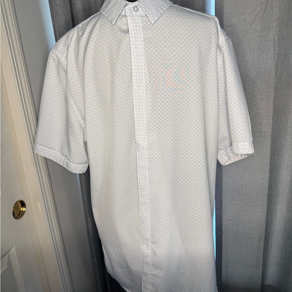 Elegant White Grey and Green Geometric Men's Shirt